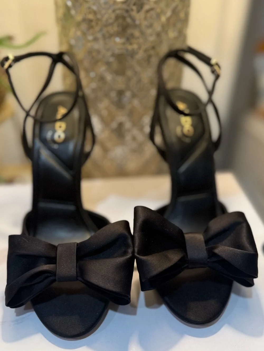 NEW Aldo Tinsletta Black Satin Bow Heels Size 7 Ankle Strap Stiletto - Picture 1 of 7